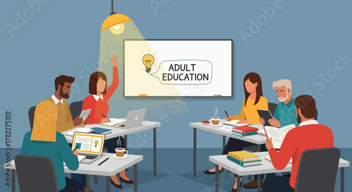 Adult education learning together around a table, with a whiteboard displaying a lightbulb icon symbolizing ideas and innovation
