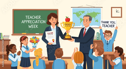 Grateful students and a school administrator honoring a dedicated female teacher with a trophy during a celebration ceremony in the classroom