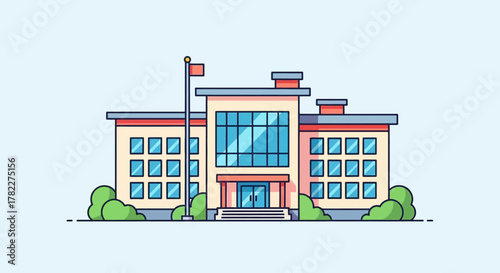 Vibrant flat design illustration of a modern educational institution building, representing a hub for learning, academic growth, and student development