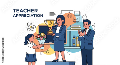 Vector illustration of a student and colleague celebrating an award-winning teacher with a trophy and a bouquet of flowers for her dedication