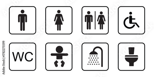 Washroom signs. Restroom or toilet door sign set containing gents, ladies, disabled, baby changing. Printable sticker. vector illustration.