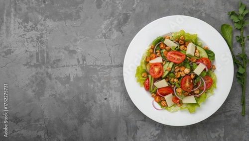 Healthy vegetarian dish featuring fresh tomato, cucumber, lettuce, and red onion, fiber-dense choice