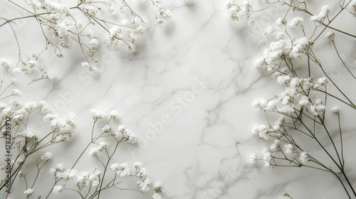 A serene flat lay of delicate white flowers against a smooth, marbled surface, creating a minimalist and elegant aesthetic.