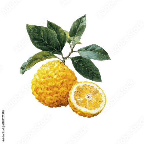 Whole and Halved Yuzu Fruit with Leaves