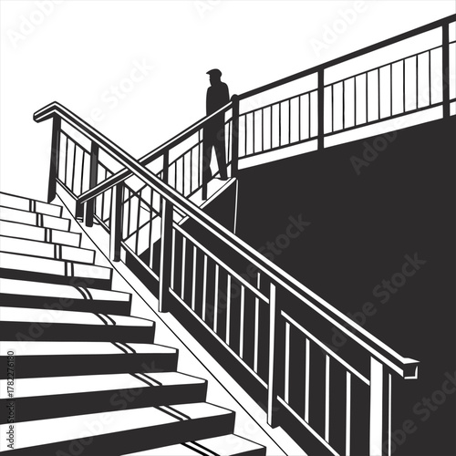 A monochrome image depicting a staircase with a handrail isolated against a white background space