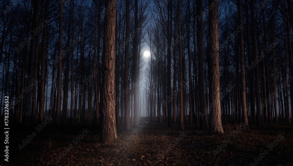 Naklejka premium Bright full moon rising through tree trunks in a forest clearing, seasonal change