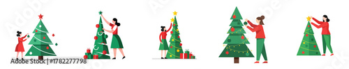 Christmas Preparation Mother and Daughter Decorating Pine Tree Flat Vector Set