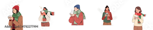Cozy Woman Drinking Hot Beverage Wearing Scarf and Winter Clothes Flat Vector