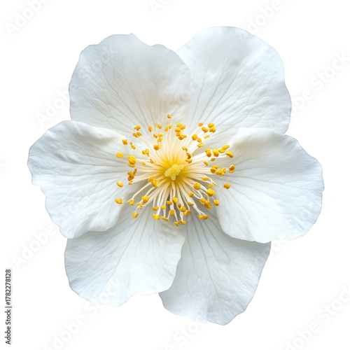 Closeup of a delicate mock orange flower isolated on transparent background, showcasing its pristine white petals and vibrant yellow stamens in exquisite detail