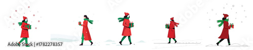 Female Delivery Walking in Snow with Christmas Gift Box Flat Vector Illustration