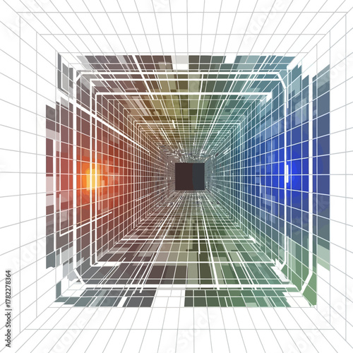 A digital cyberspace tunnel with glowing light and grid pattern creating a futuristic abstract design
