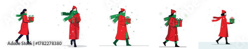 Woman Walking in Snow Carrying Christmas Gift Box Flat Vector Illustration