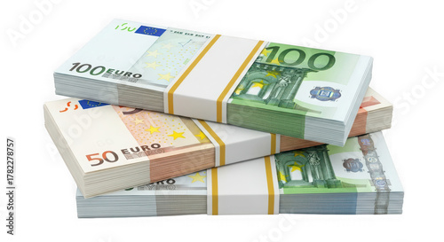Stacks of 100 and 50 euro banknotes representing finance wealth