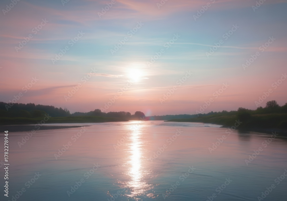 Fototapeta premium Illustration of peaceful river landscape at sunset or sunrise with reflection on water