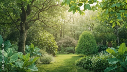 Garden scene with leafy backdrop