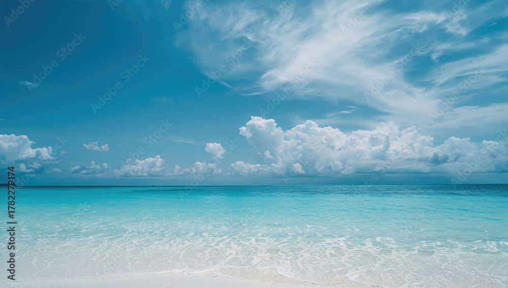 Fototapeta premium Japan's white sandy beach and clear blue ocean, ideal backdrop for summer travel, Earth Day