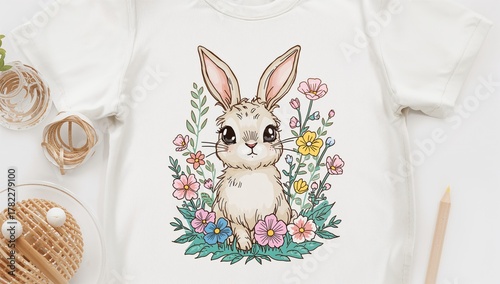 Hand-drawn vector illustration of an adorable rabbit surrounded by flowers, ideal for children's t-shirt design, playful appeal