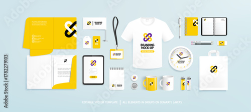 Yellow Brand Identity and Business Stationery Mockup set with minimalistic abstract graphics design. Office stationary items mockup for logo presentation - editable template. Company corporate style
