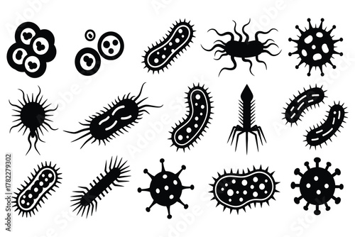 Large Bacteria and Virus Cell Vector Set Black Silhouette for Medical Research and Global Health Crisis