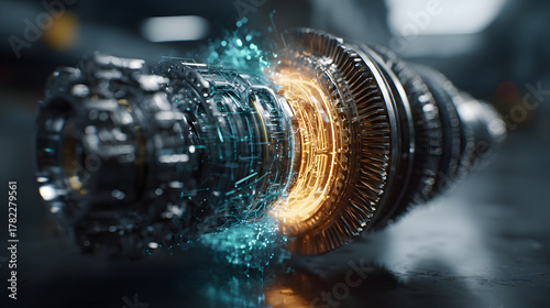 Gas turbine engine split in half: one side metallic physical structure, the other glowing digital twin in holographic blue-green light.