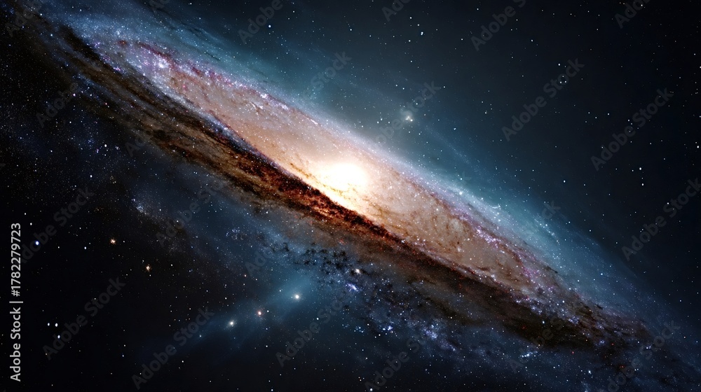 Fototapeta premium Andromeda galaxy, a vast celestial system, rotating with a bright central bulge and dust lanes against a backdrop of myriad stars and cosmic nebulae in the infinite universe