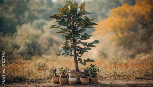 Fiddle leaf fig trees in pots arranged on a farm for sale preparation, showcasing seasonal growth