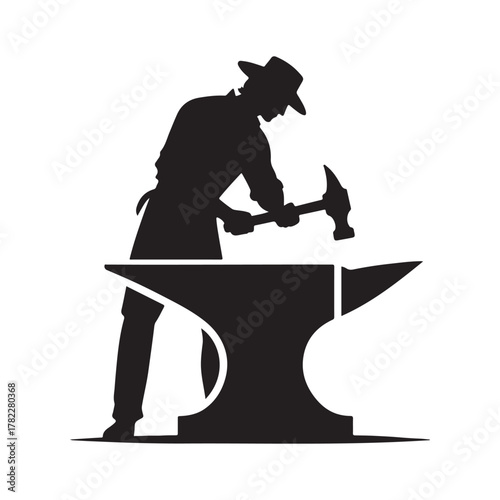 Blacksmith at Anvil vector silhouette outline logo design concept illustration
