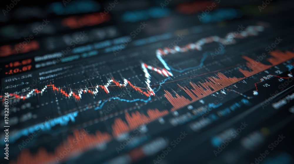 Obraz premium Financial market analysis with stock price trends, graphs, and trading data viewed on digital screen in dark theme and interactive interface