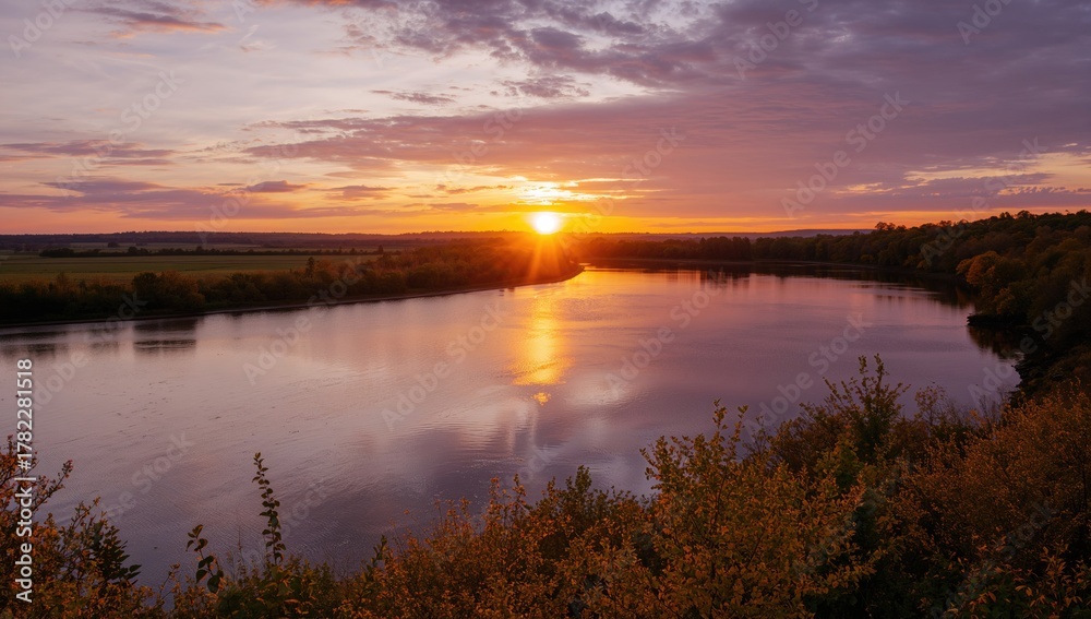 Fototapeta premium Lake under a sunset sky, serene landscape with reflections on water