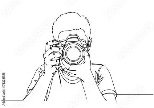 Continuous one line drawing of a photographer with a camera, minimalist sketch art illustration