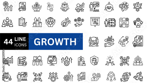 Growth icon set. Containing performance, gain, improvement, grow, chart, increase, evolution and development icons. Vector illustration set 