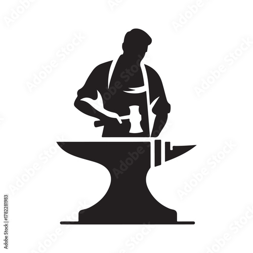 Blacksmith at Anvil vector silhouette outline logo design concept illustration