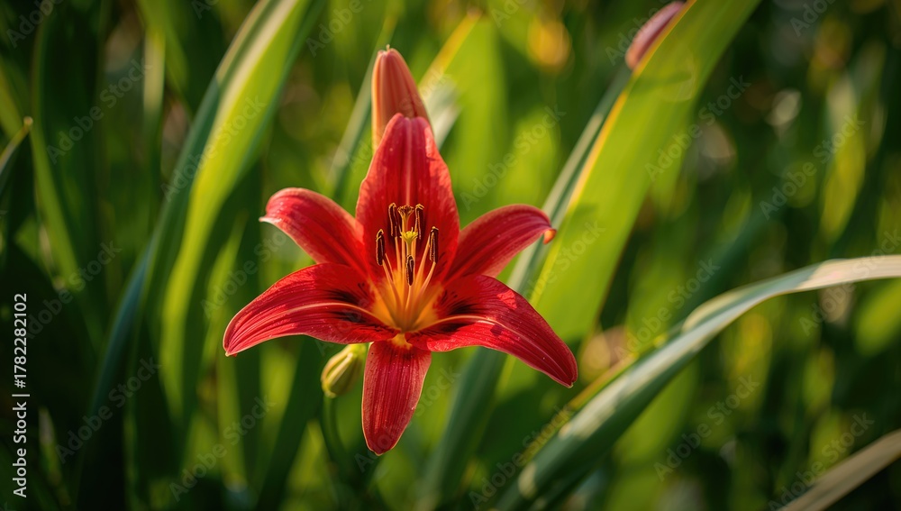 Obraz premium Vibrant red lily surrounded by lush green foliage, a symbol of seasonal beauty