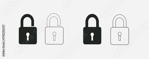“Minimal Lock Icon Set – Flat Padlock Security Symbols Collection,”Broken lock icon, security breach, access, protection