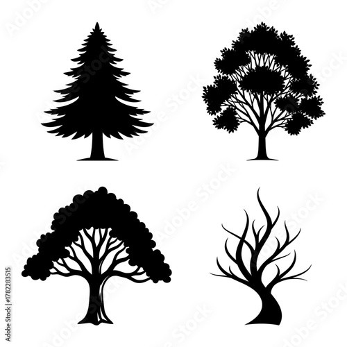 Four Tree Silhouette Vector Set: Pine, Deciduous, and Dead Tree Icons for Nature and Landscape Design