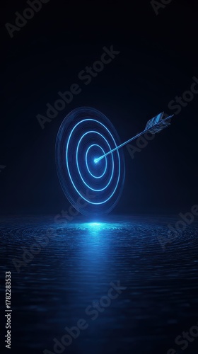 Vibrant photo of a glowing target with arrow hits the bullseye on a dark background