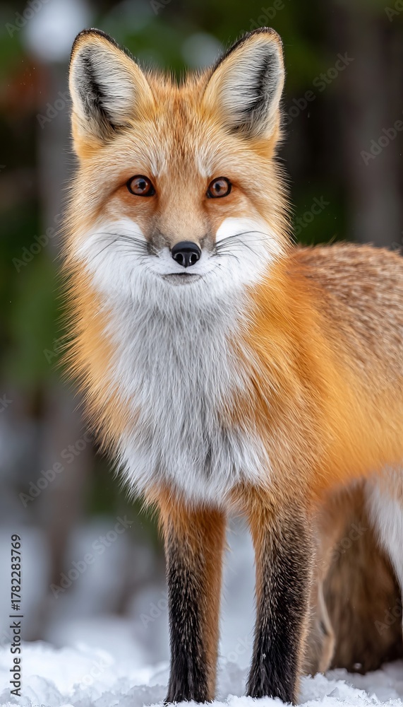 Fototapeta premium A Curious Fox with Striking Red Fur and Bushy Tail Observes the Winter Wonderland Landscape