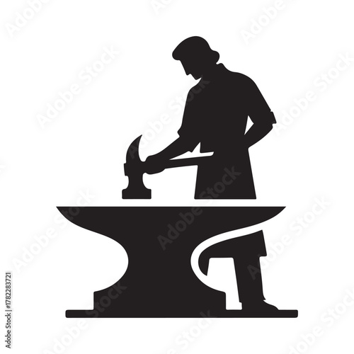 Blacksmith at Anvil vector silhouette outline logo design concept illustration