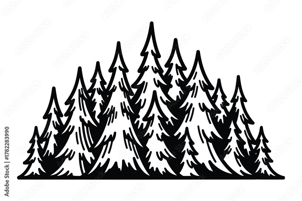 Obraz premium Pine Forest Grove Vector Illustration Black and White Engraving Style for Woodland or Outdoor Logo