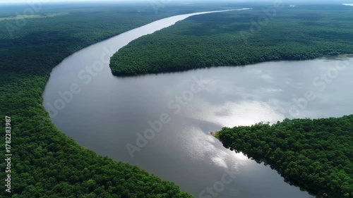 Aerial view of a wide river flowing through a lush green forest landscape.
