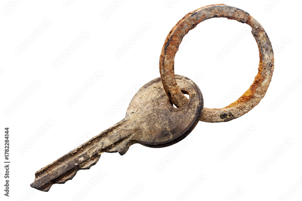 Obraz premium Old rusty key on key ring isolated on white background