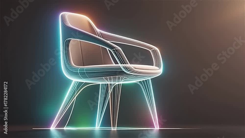 Futuristic Chair Line Art Line Art Motion Sketch of Modern Chair Concept with Glowing Contour Lines — Futuristic Line Art Motion Chair Design in 4K Ultra HD