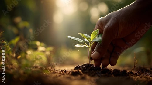 Human Hand Nurturing Small Sprout Under Sunlight in a Green Environment