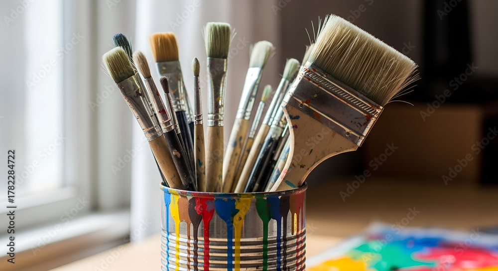 Fototapeta premium Assorted paint brushes arranged in a colorful canister on a table 