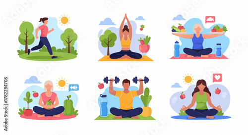 set of exercise healthy lifestyle and yoga poses