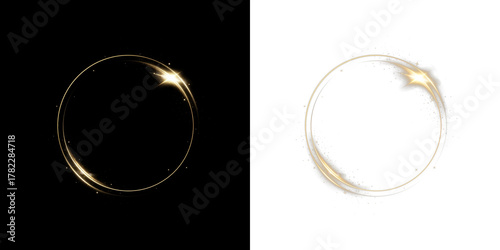 Glowing gold circle PNG  shiny round light effect with sparkles and glitter trail. Bright magic ring on transparent background for celebration or logo frame.