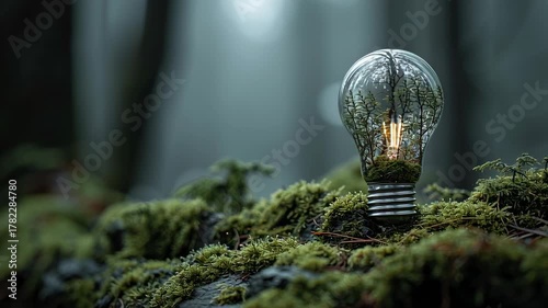 Glowing Light Bulb Surrounded by Lush Green Forest, Concept of Nature and Illumination in Harmony