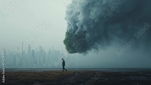 A solitary figure stands in a stark contrast between a lush tree and a polluted urban landscape, reflecting environmental issues and disconnection.