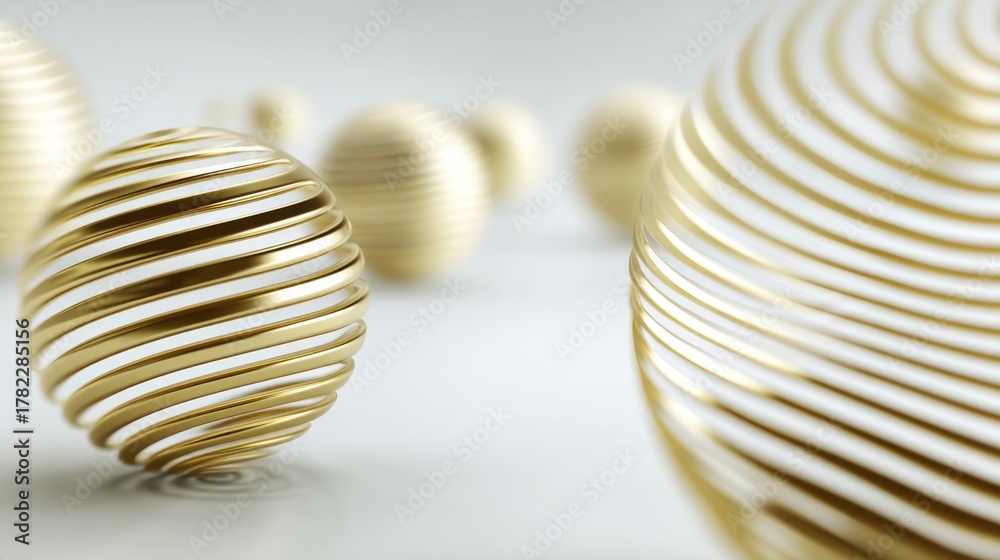 Fototapeta premium Elegant golden spheres with spiral patterns arranged in a harmonious composition, symbolizing luxury and sophistication in a minimalist setting