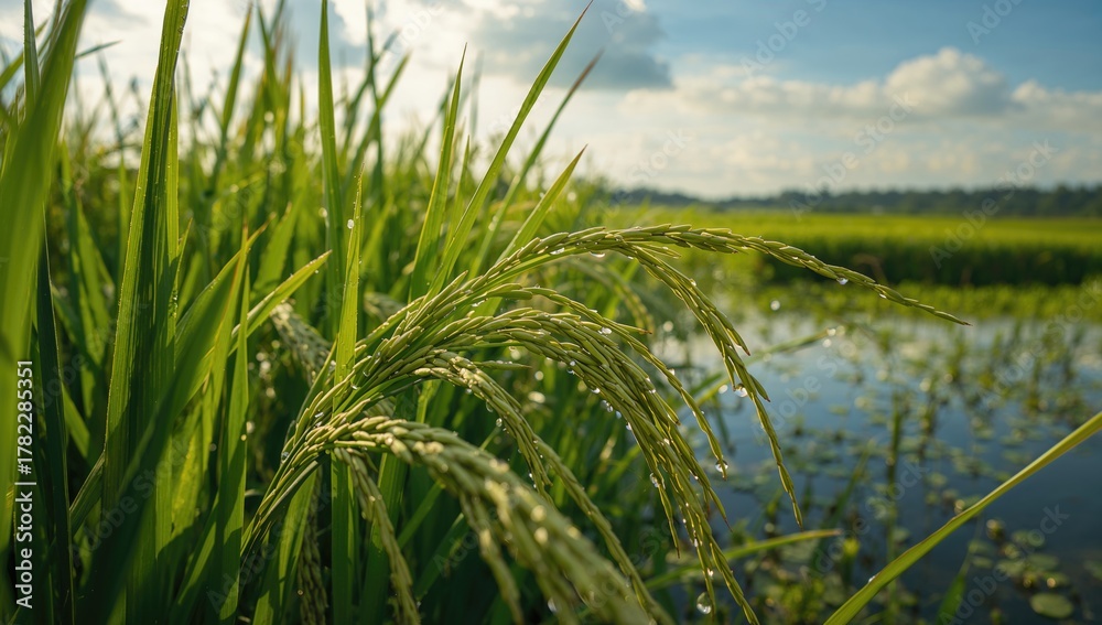 Fototapeta premium Detailed view of thriving rice crops featuring slender foliage and developing grain clusters, emphasizing agricultural vitality